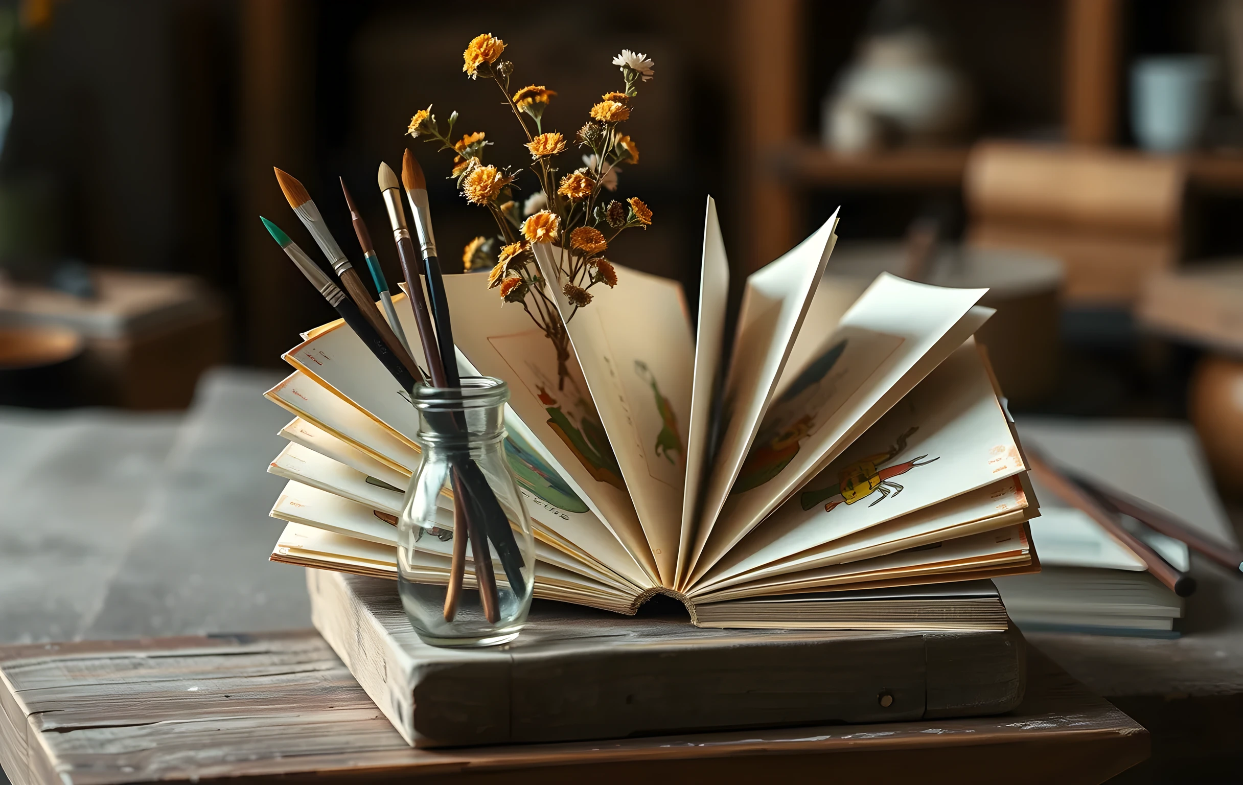 A close detail shot of a small stack of hand-bound children's books with painted illustrated covers fanned open on a worn wooden workbench, watercolor brushes resting in a chipped ceramic jar beside them, dried wildflower stems in a narrow glass bottle, a block of wood used as a book press, warm amber and terracotta tones, shallow depth of field with soft background blur, the texture of hand-torn paper edges visible